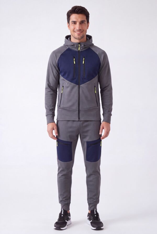 Slate Grey With Navy Color block Slim Fit Hooded Jacket & Cargo Joggers