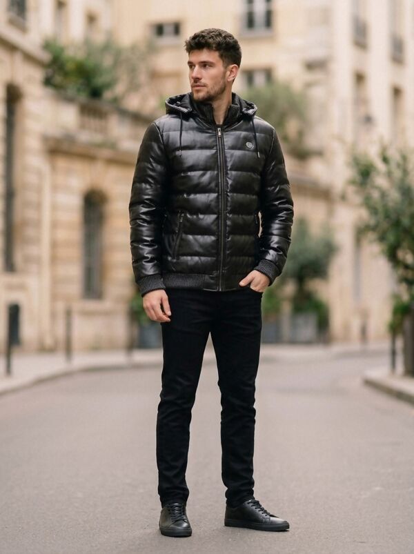 Black Pu Bubble Jacket With Detachable Hood