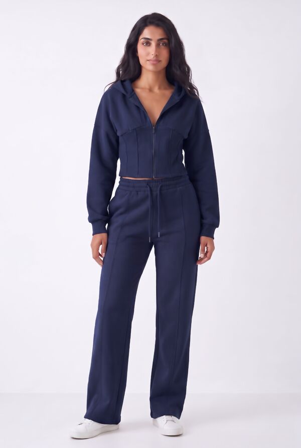 Navy Ribbed Corset Fit Hoodie With Straight Leg Trouser