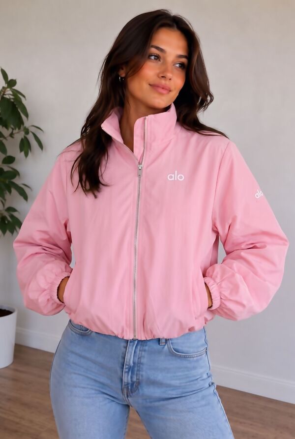 Wine Balloon Sleeve Printed Lined Zip Windbreaker Jacket