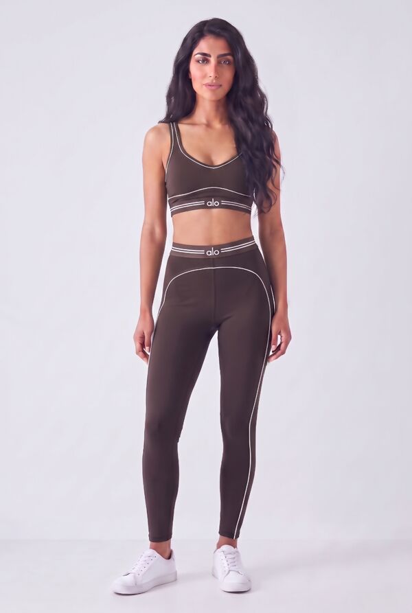 Brown Striped Printed Band Gym Crop Top And Legging Set