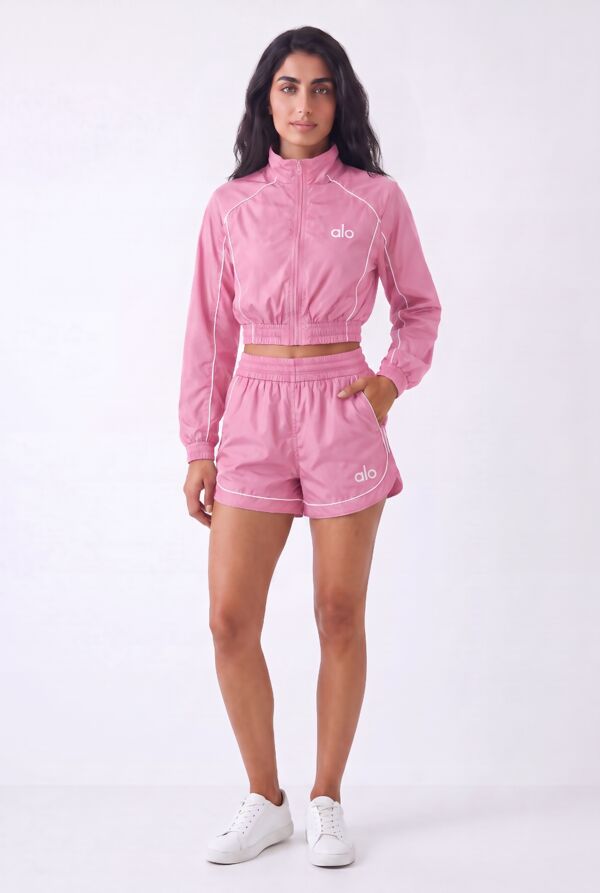 Pink Cropped Zip-Up Track Printed Jacket And Running Shorts