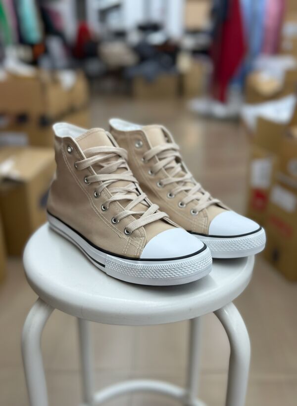 Beige Canvas High Top White Lace Up Trainers