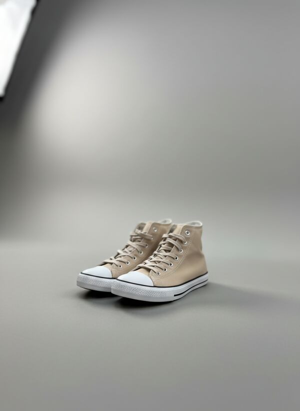 Beige Canvas High Top White Lace Up Trainers