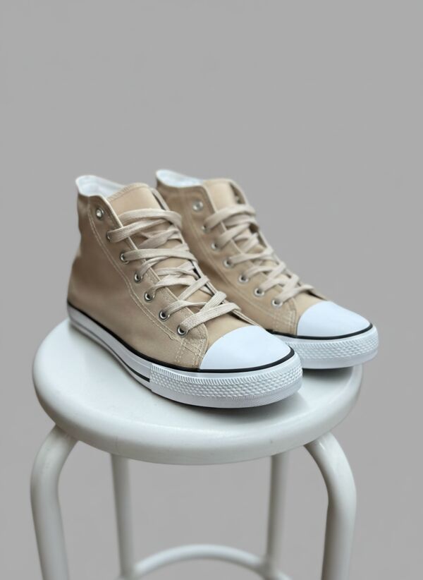 Beige Canvas High Top White Lace Up Trainers