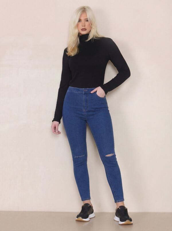 Blue High Waist Knee Ripped Skinny Jeans