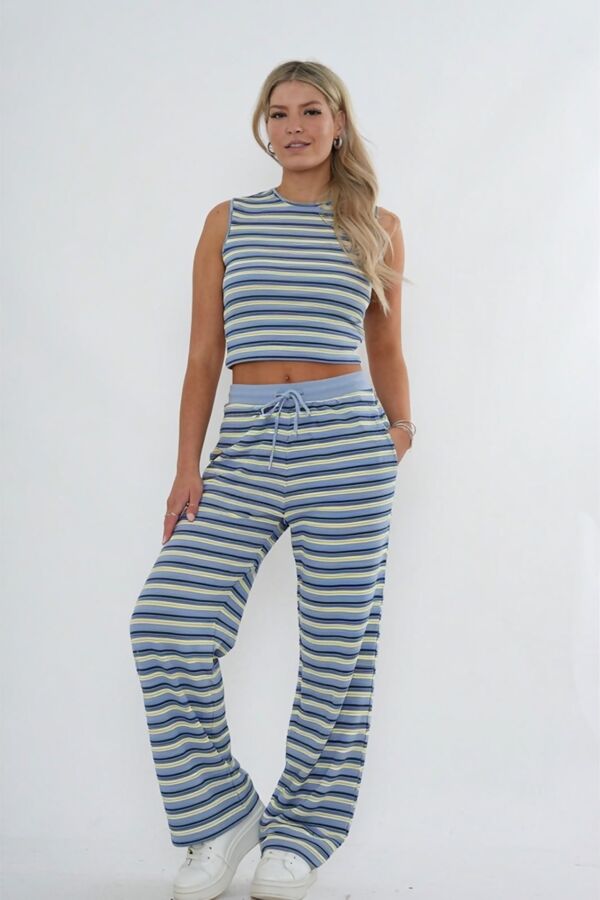 Navy Contrast Sleeveless Striped Top  And Relaxed Trouser