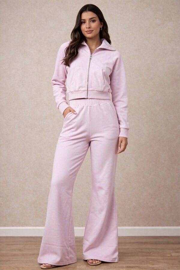 Pink Zip Collar Top With Boot Leg Trouser