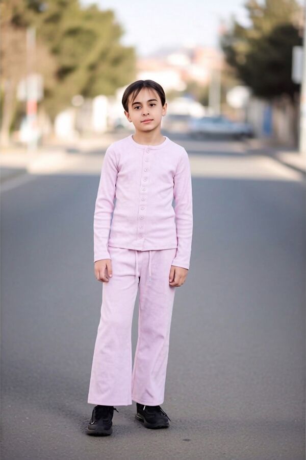 Pink Kids Ribbed Molly Button Through Top and Wide Leg Trousers
