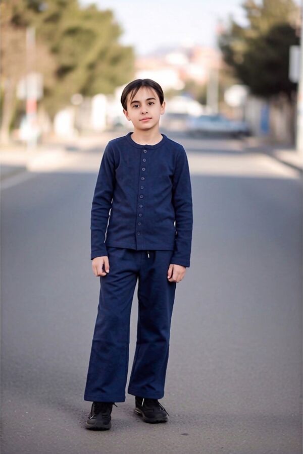 Navy Kids Ribbed Molly Button Through Top and Wide Leg Trousers