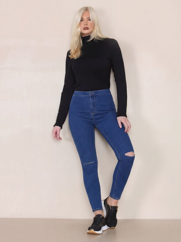 Blue High Waist Knee Ripped Skinny Jeans