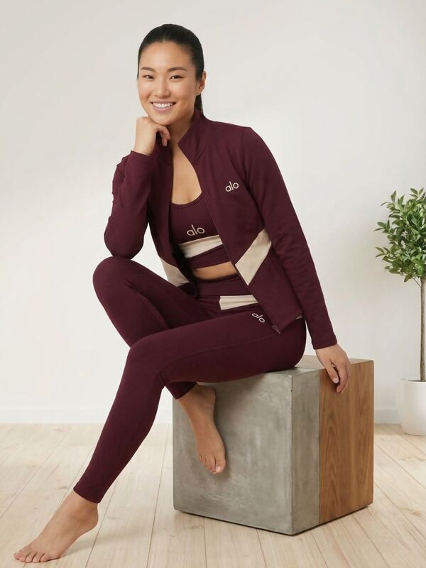 Wine Contrast Printed Waist Three Piece Gym Set