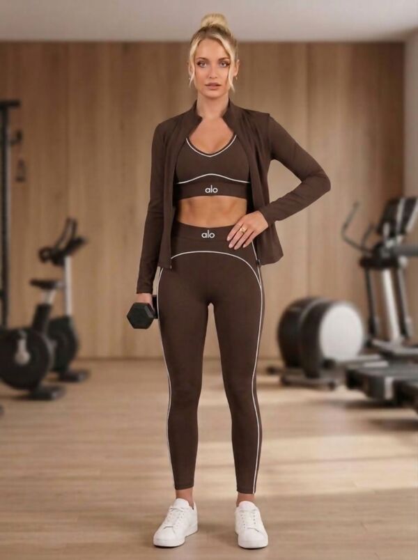 Brown Banded Waist Printed Three Piece Gym Set