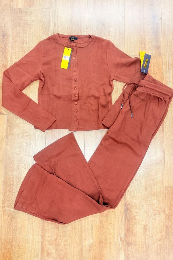 Brown Ribbed Molly Button Through Top and Wide Leg Trousers