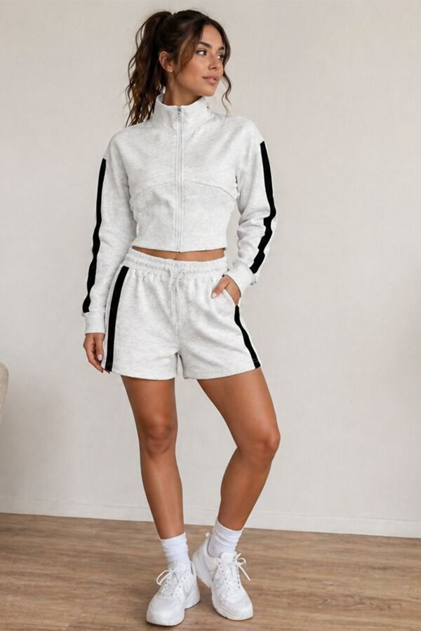 Bleach Grey Interlock 2 Stripe Sweatshirt With Short Co-Ord Set