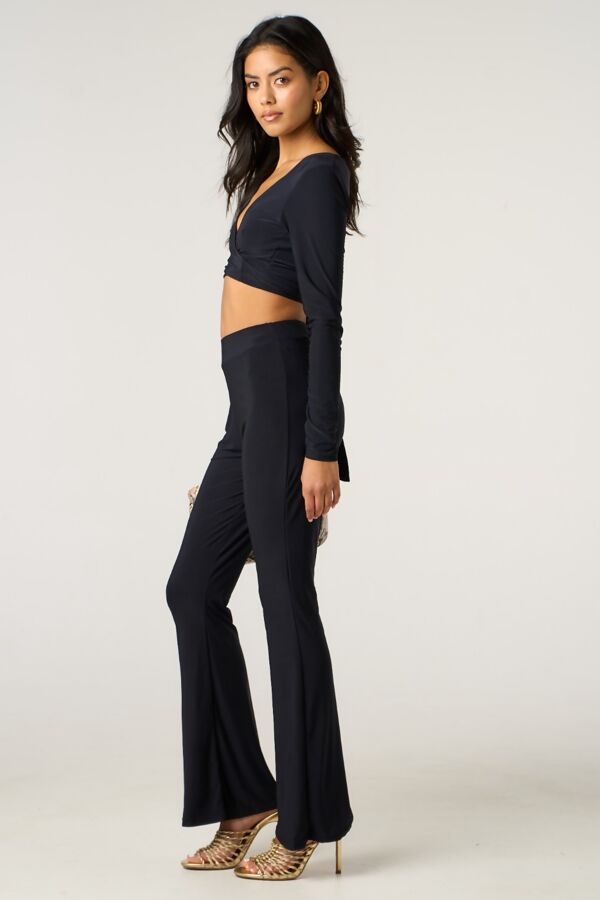 Black Long Sleeve Tie Front Crop Top With High Waist Flare Pants