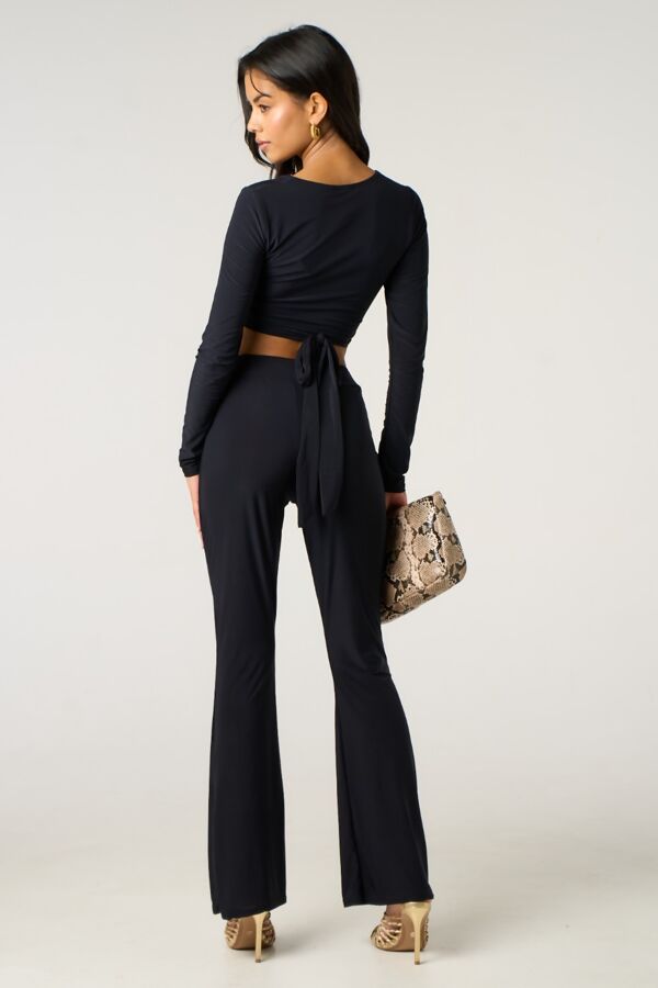 Black Long Sleeve Tie Front Crop Top With High Waist Flare Pants