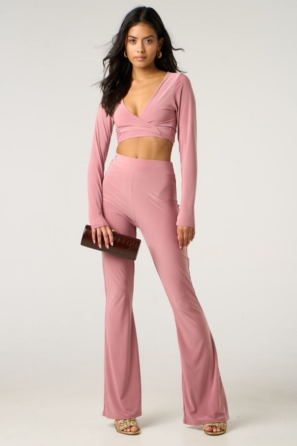 Nude Long Sleeve Tie Front Crop Top With High Waist Flare Pants
