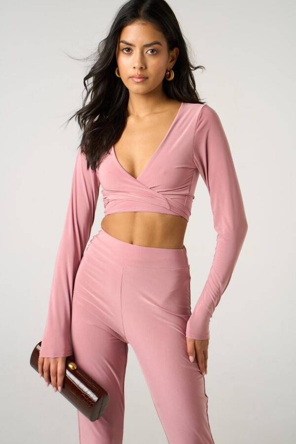 Nude Long Sleeve Tie Front Crop Top With High Waist Flare Pants