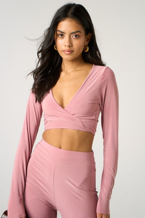 Nude Long Sleeve Tie Front Crop Top With High Waist Flare Pants