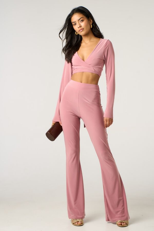 Nude Long Sleeve Tie Front Crop Top With High Waist Flare Pants