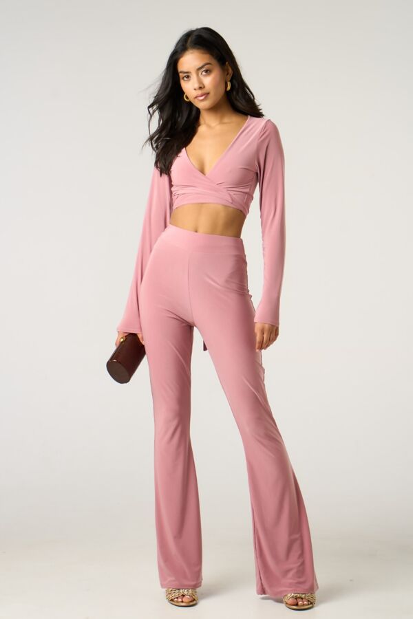 Nude Long Sleeve Tie Front Crop Top With High Waist Flare Pants