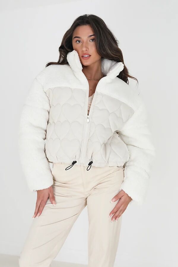 Cream Padded Heart Quilted Jacket With Fleece Panel And Sleeves