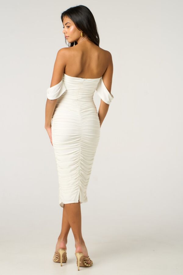 White Draped Strapless Midi Dress