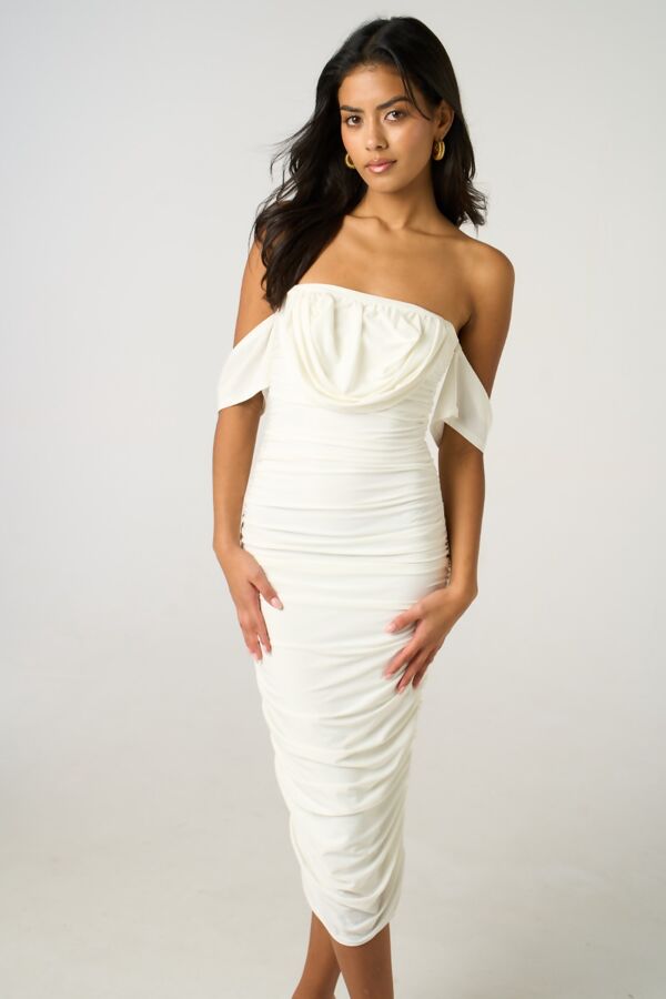 White Draped Strapless Midi Dress