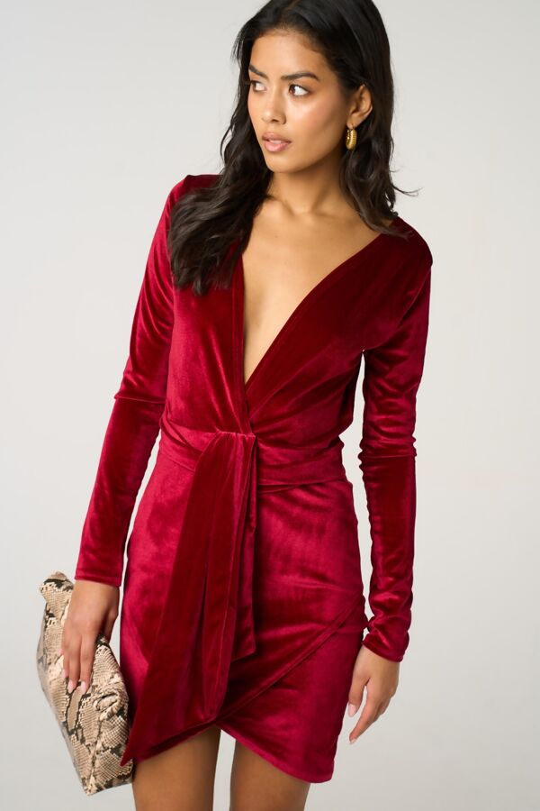 Wine Deep V Cocktail Look Tie Waist Velvet Mini Dress