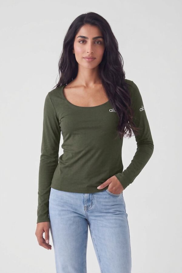 Green Printed Long Sleeve Scoop Neck Fitted Top