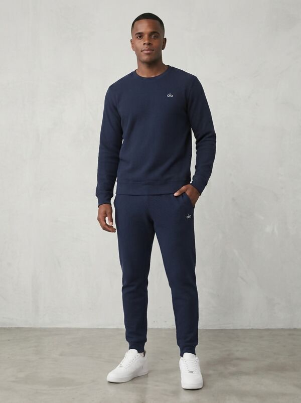 Navy Fleece Basic Printed Crew Neck Tracksuit