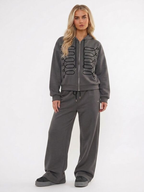 Hooded Cable Embroidered Zip-Up Detail Jogger Tracksuit Set