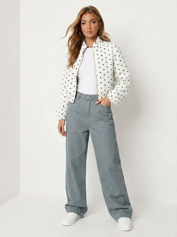 White Polka Dot Bubble Hem Zip Windbreaker Jacket