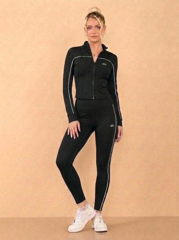 Chocolate Printed Striped Long Sleeve Active Top And Legging Energy Gym Set