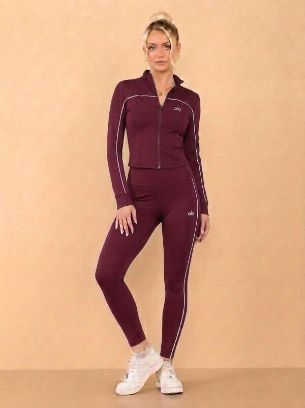 Chocolate Printed Striped Long Sleeve Active Top And Legging Energy Gym Set
