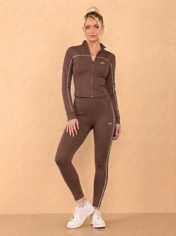 Wine Printed Striped Long Sleeve Active Top And Legging Energy Gym Set