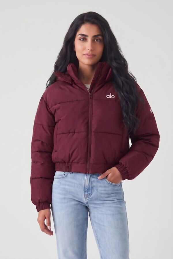 Wine Short Hooded Printed Puffer Coat