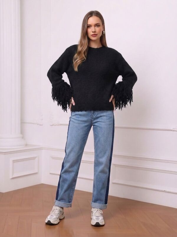 Fringe Sleeve Chunky Knitted Jumper