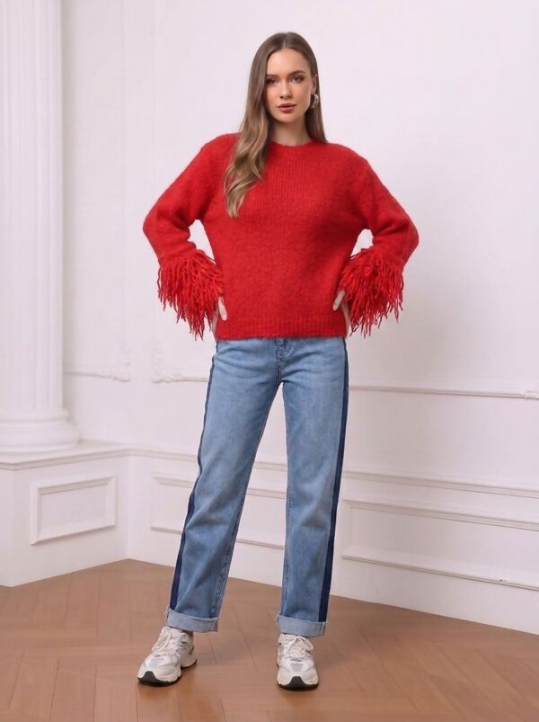 Fringe Sleeve Chunky Knitted Jumper