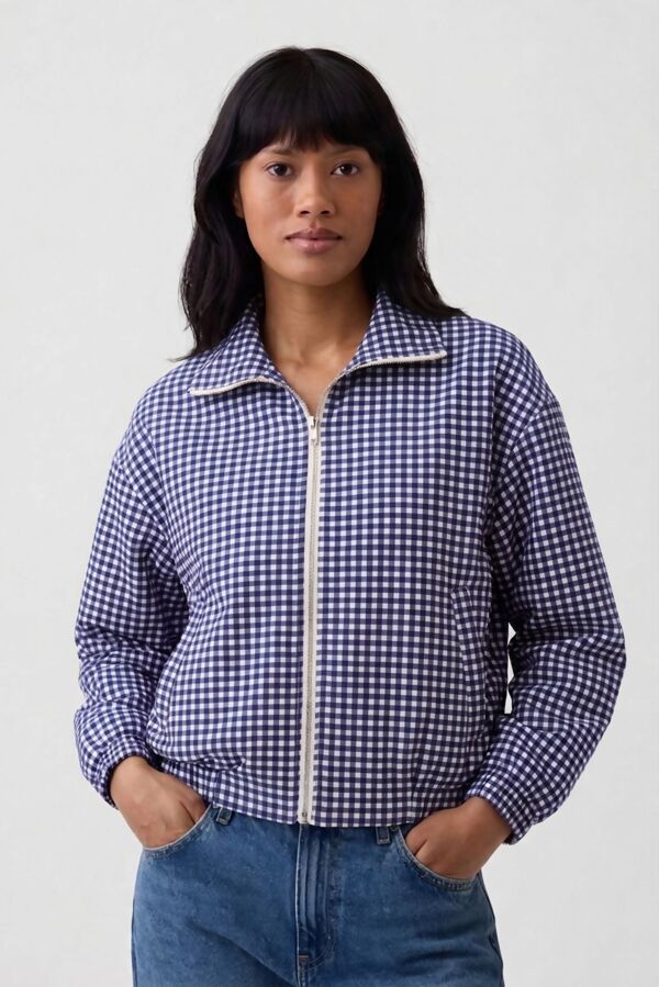 Gingham Check Print Zip-Up Cropped Jacket