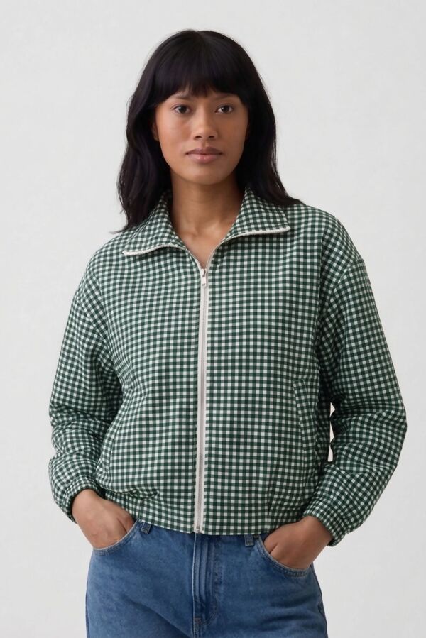 Gingham Check Print Zip-Up Cropped Jacket