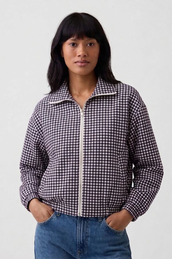 Gingham Check Print Zip-Up Cropped Jacket