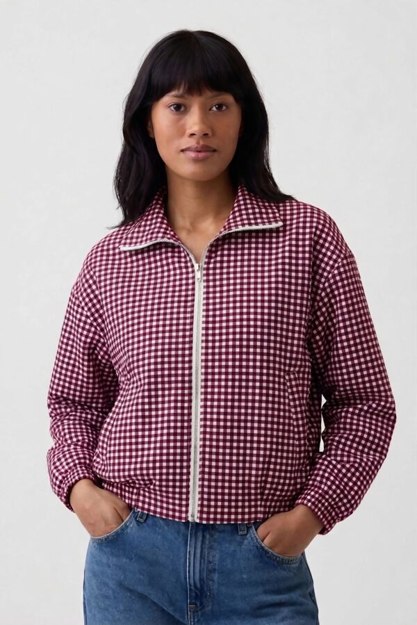 Gingham Check Print Zip-Up Cropped Jacket