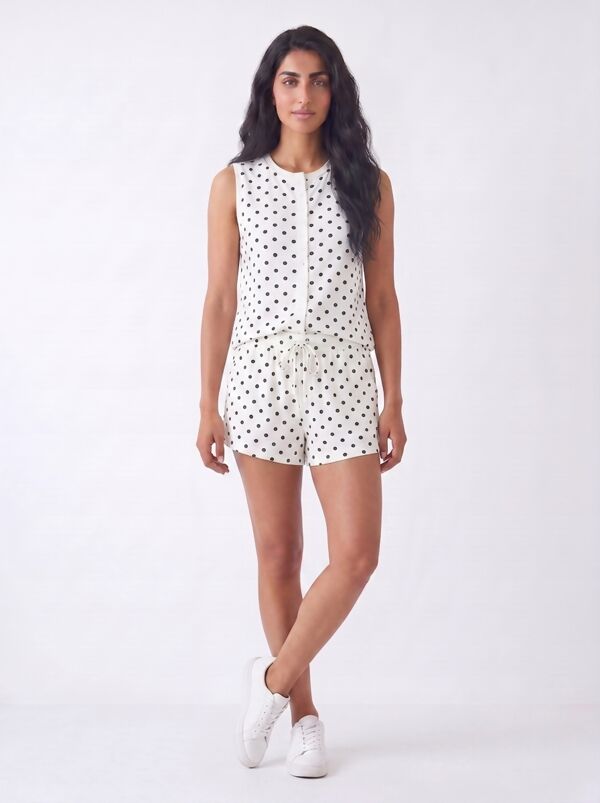 White With Black Sleeveless Polka Dot Buttoned Top And Shorts Set