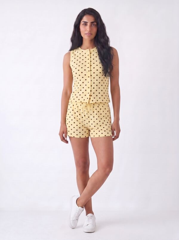 Butter yellow Sleeveless Polka Dot Buttoned Top And Shorts Set