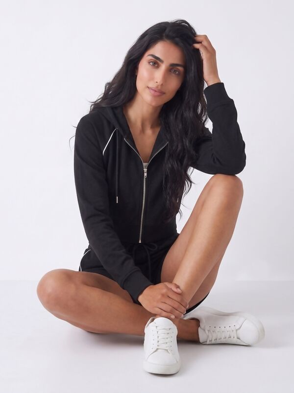 Black Contrast Piping Zip Up Hoodie With Short Set