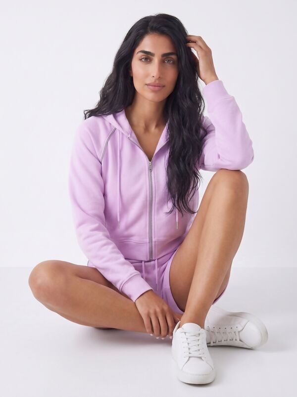 Pink Contrast Piping Zip Up Hoodie With Short Set