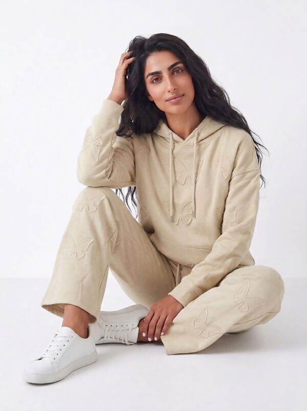 Beige Butterfly Embossed Hoodie Straight Leg Jogger