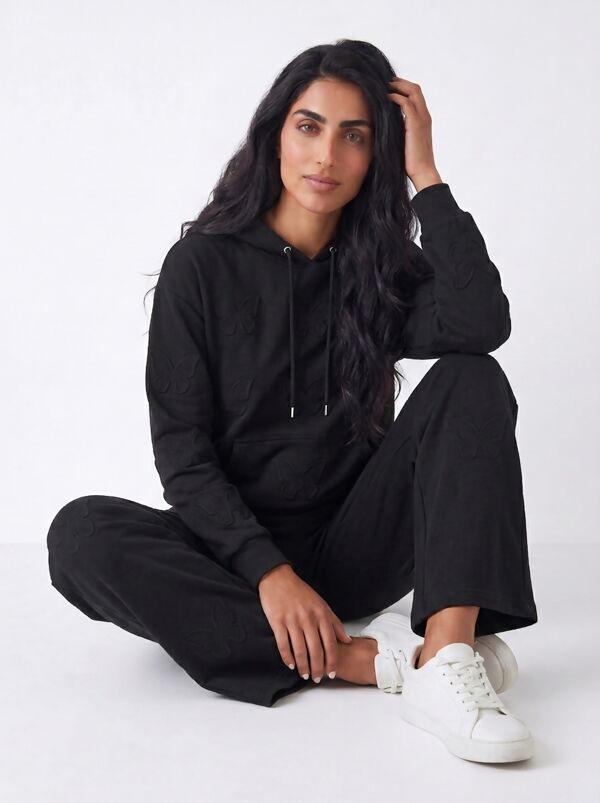 Black Butterfly Embossed Hoodie Straight Leg Jogger